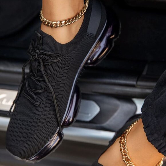 New Womens Black Knit Lace Up Clear Bubble Sole Sneakers - Picture 1 of 5